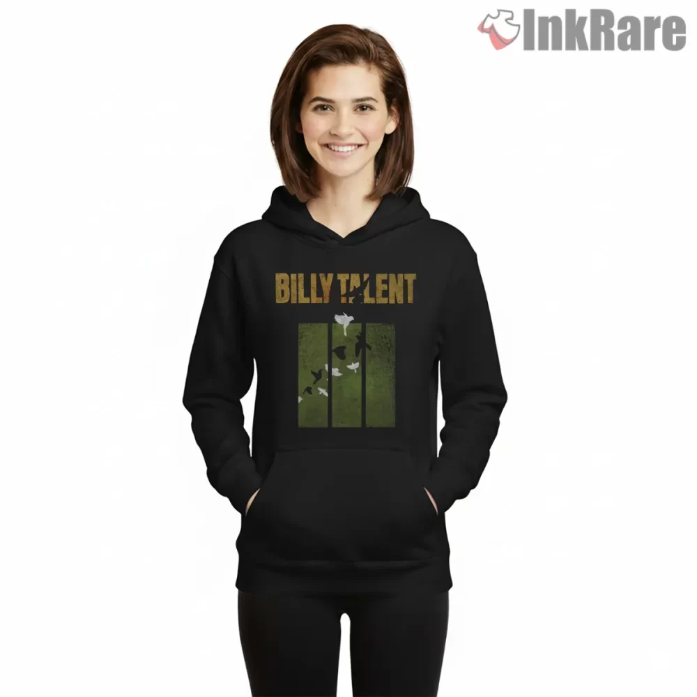 Billy Talent Distressed Birds And Bar Panels Shirt on black hoodie for women graphic tee