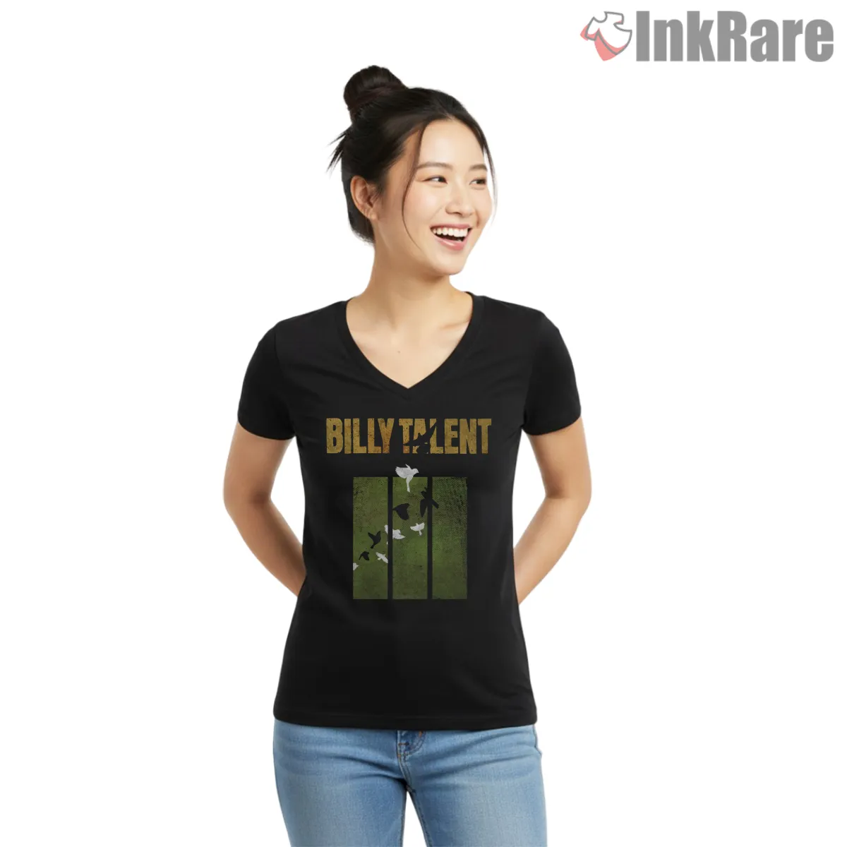Billy Talent Distressed Birds And Bar Panels V Neck Black Billy Talent Distressed Birds And Bar Panels Shirt on black v-neck shirt for women graphic tee