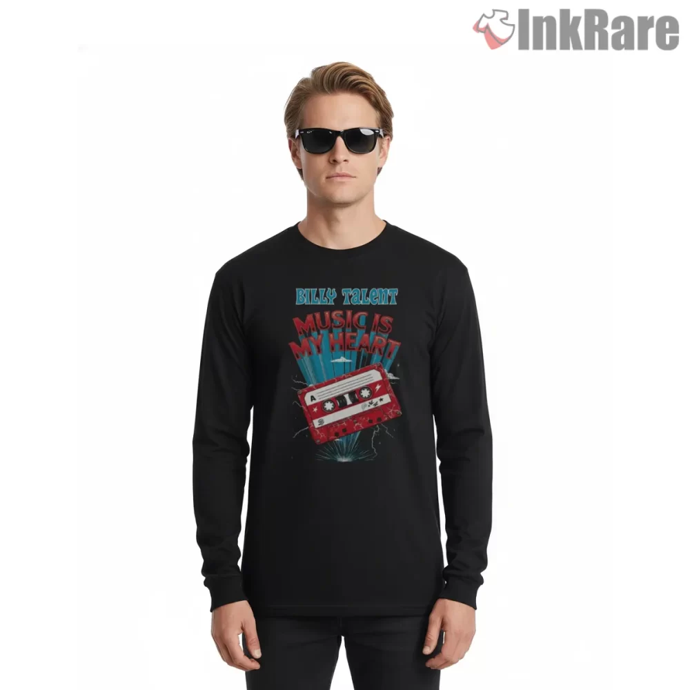 Billy Talent Music Is My Heart Cassette Shirt on black long sleeve shirt for men graphic tee