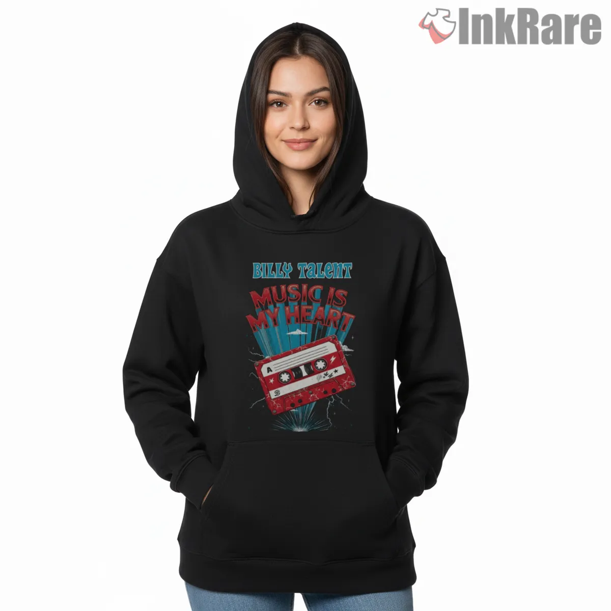 Billy Talent Music Is My Heart Cassette Hoodie Black Billy Talent Music Is My Heart Cassette Shirt on black hoodie for women graphic tee