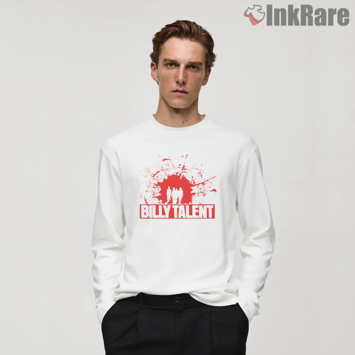 Billy Talent Red Splatter Silhouette Poster Long Sleeve White Billy Talent Red Splatter Silhouette Poster Shirt on white long sleeve shirt for men graphic tee