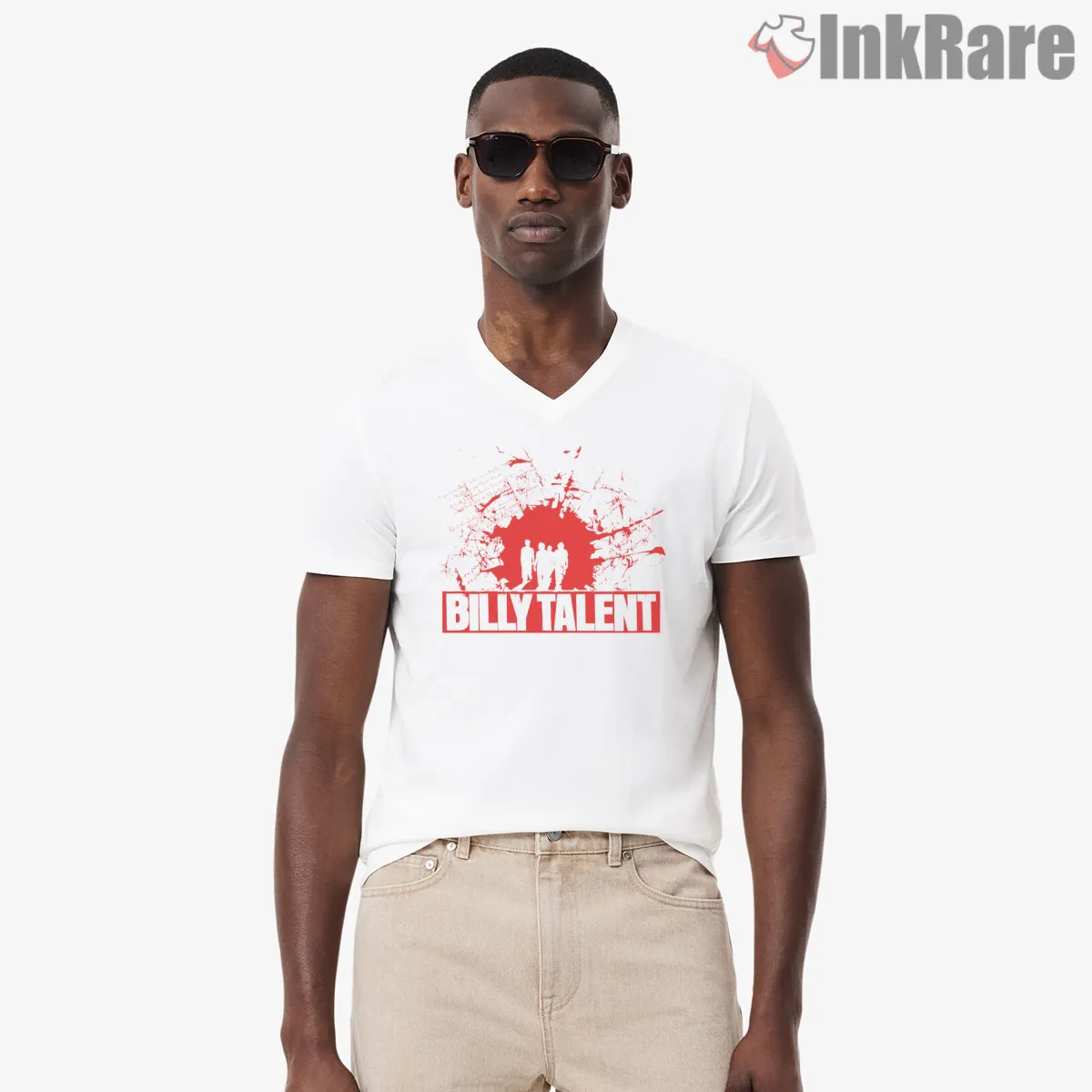 Billy Talent Red Splatter Silhouette Poster V Neck White Billy Talent Red Splatter Silhouette Poster Shirt on white v-neck shirt for men graphic tee