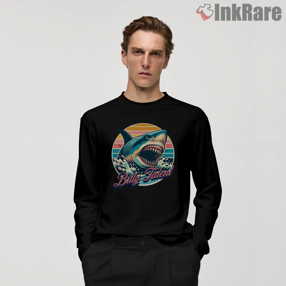 Billy Talent Retro Sunset Shark Wave Shirt on black long sleeve shirt for men graphic tee