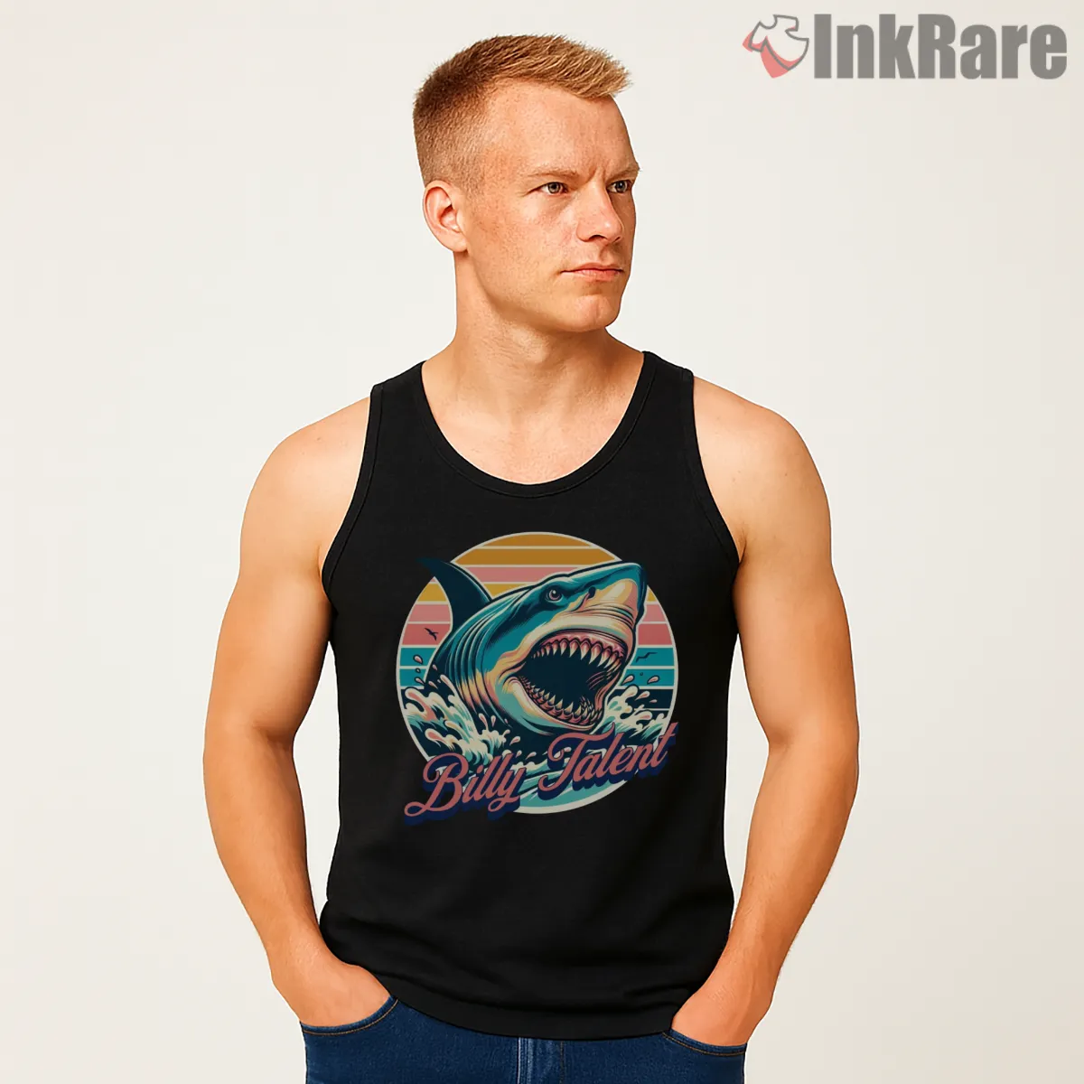Billy Talent Retro Sunset Shark Wave Tank Top Black Billy Talent Retro Sunset Shark Wave Shirt on black tank top for men graphic tee