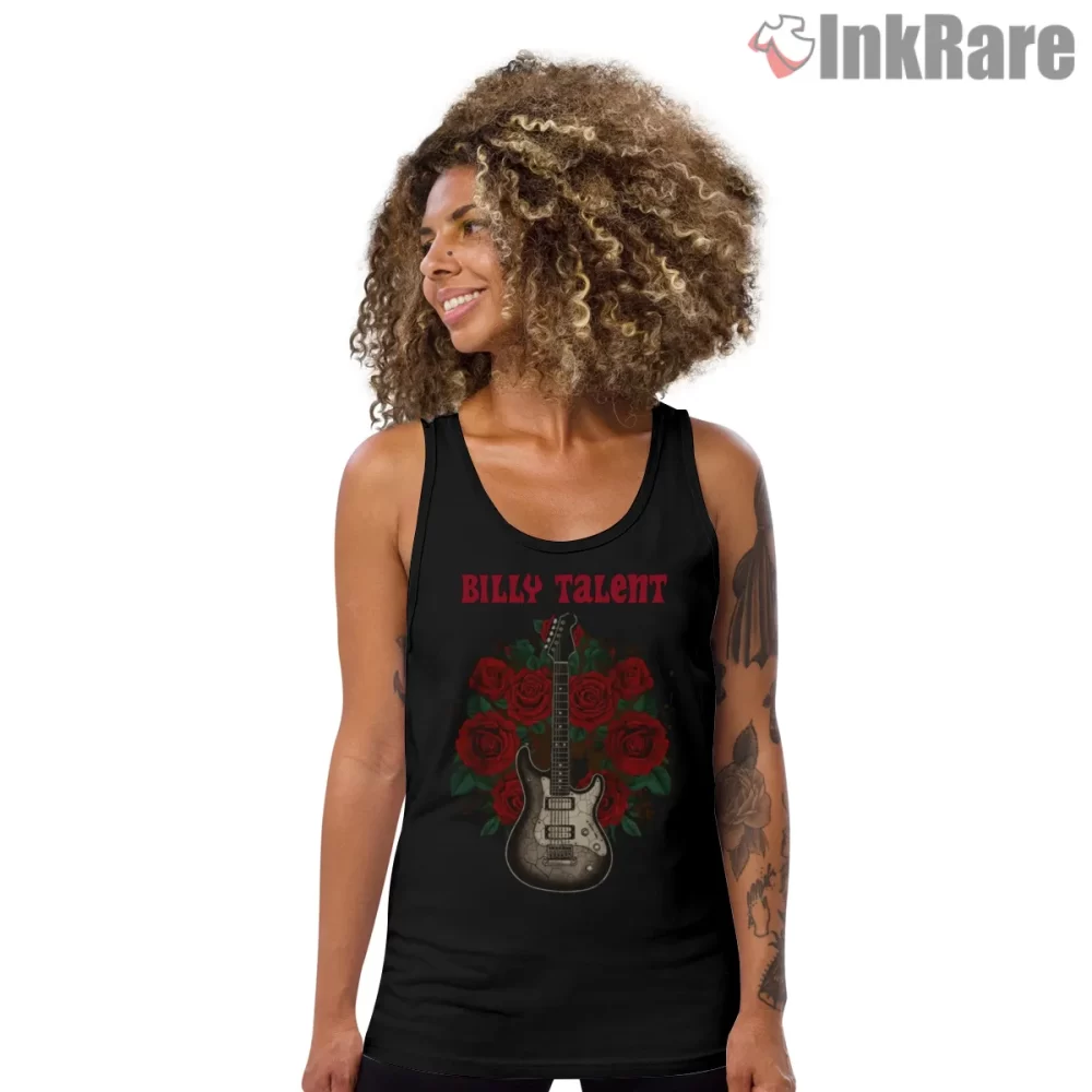 Billy Talent Rose Garden Guitar Emblem Shirt on black tank top for women graphic tee