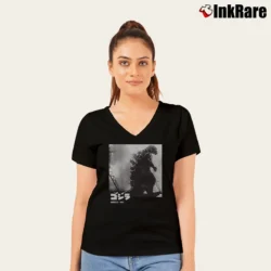 Women’s Bioworld Godzilla 1954 Black And White Classic Movie V-Neck Tee in black | Chic Neckline, Soft Texture