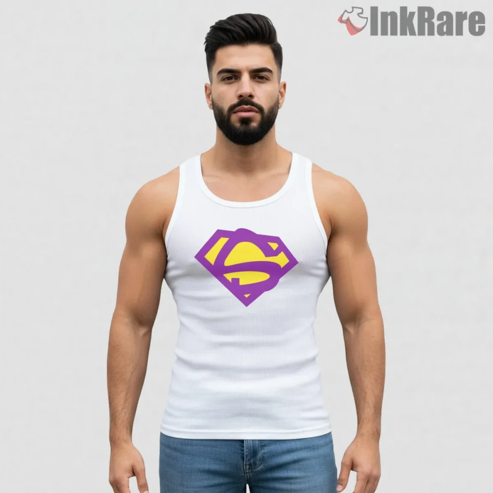 Bizarro Superman Distorted Logo Alternate Universe Hero Shirt on white tank top for men graphic tee