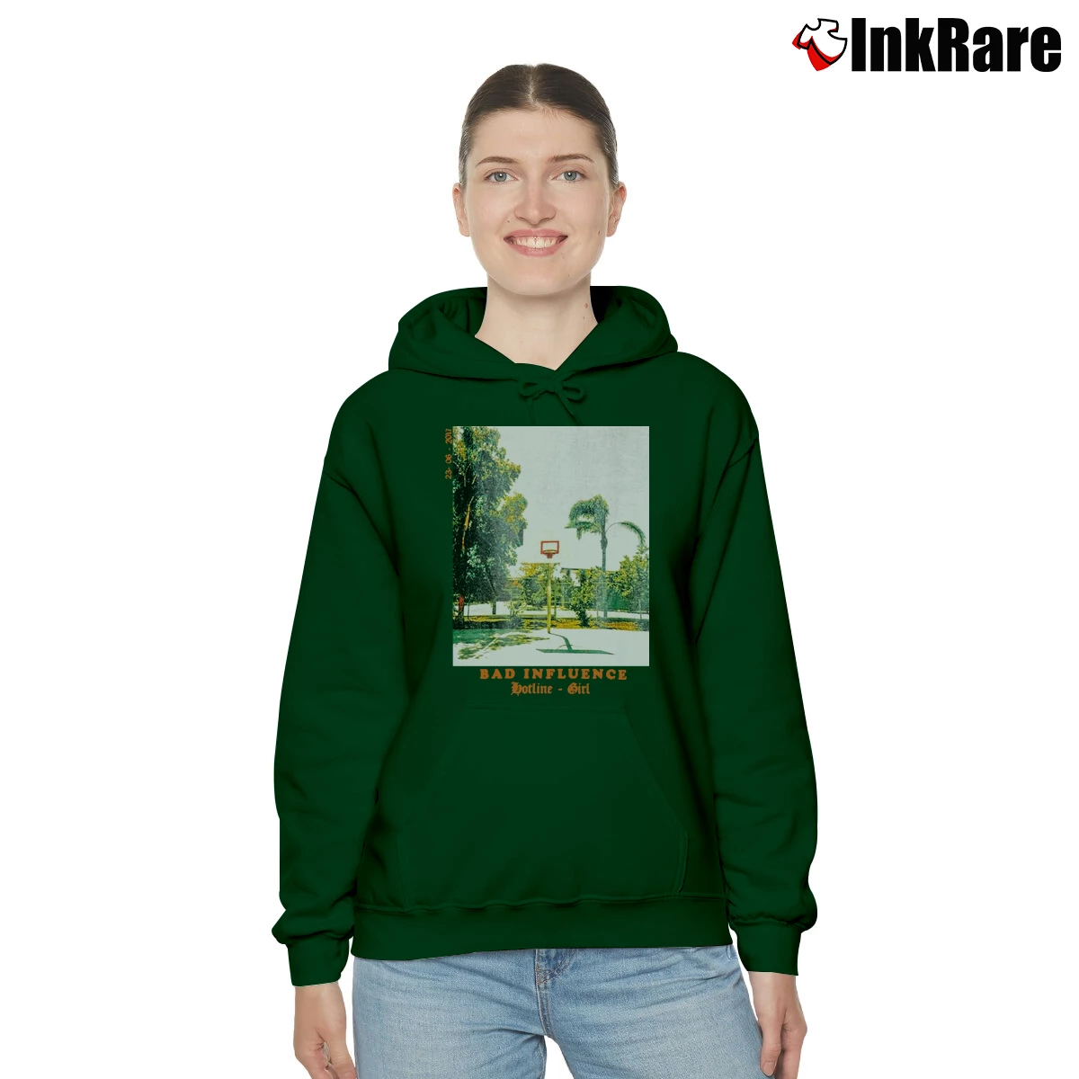 Women’s Black Bad Influence Missguided Graphic Cozy Hoodie in forest green | Warm, Structured, Stylish