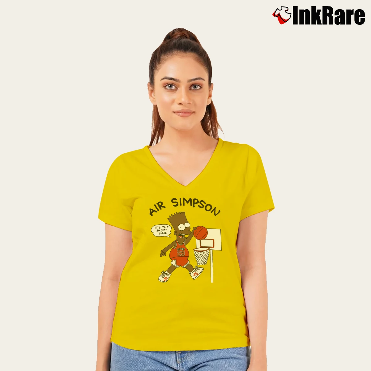Black Bart Simpson Michael Jordan Basketball 80s 90s Vintage Women’s V-Neck Tee in yellow – Flattering Fit Women’s Black Bart Simpson Michael Jordan Basketball 80s 90s Vintage V-Neck Tee in yellow | Chic Neckline, Soft Texture
