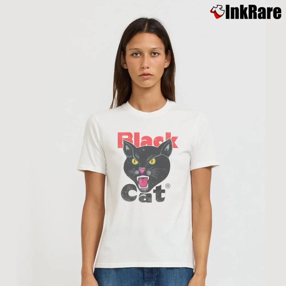 Women’s Black Cat Fireworks Signature T-Shirt in white | Soft, Flattering Fit