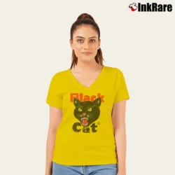 Women’s Black Cat Fireworks V-Neck Tee in yellow | Chic Neckline, Soft Texture