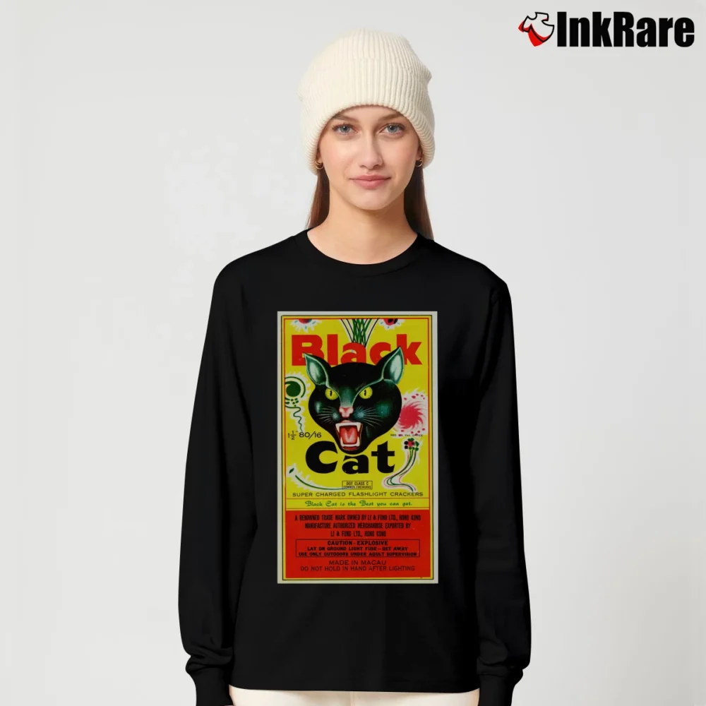 Women’s Black Cat Fireworks Vintage Funny Graphic Long-Sleeve Top in black | Sleek, Versatile, All-Season
