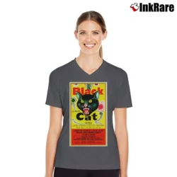 Women’s Black Cat Fireworks Vintage Funny Graphic V-Neck Tee in charcoal | Chic Neckline, Soft Texture