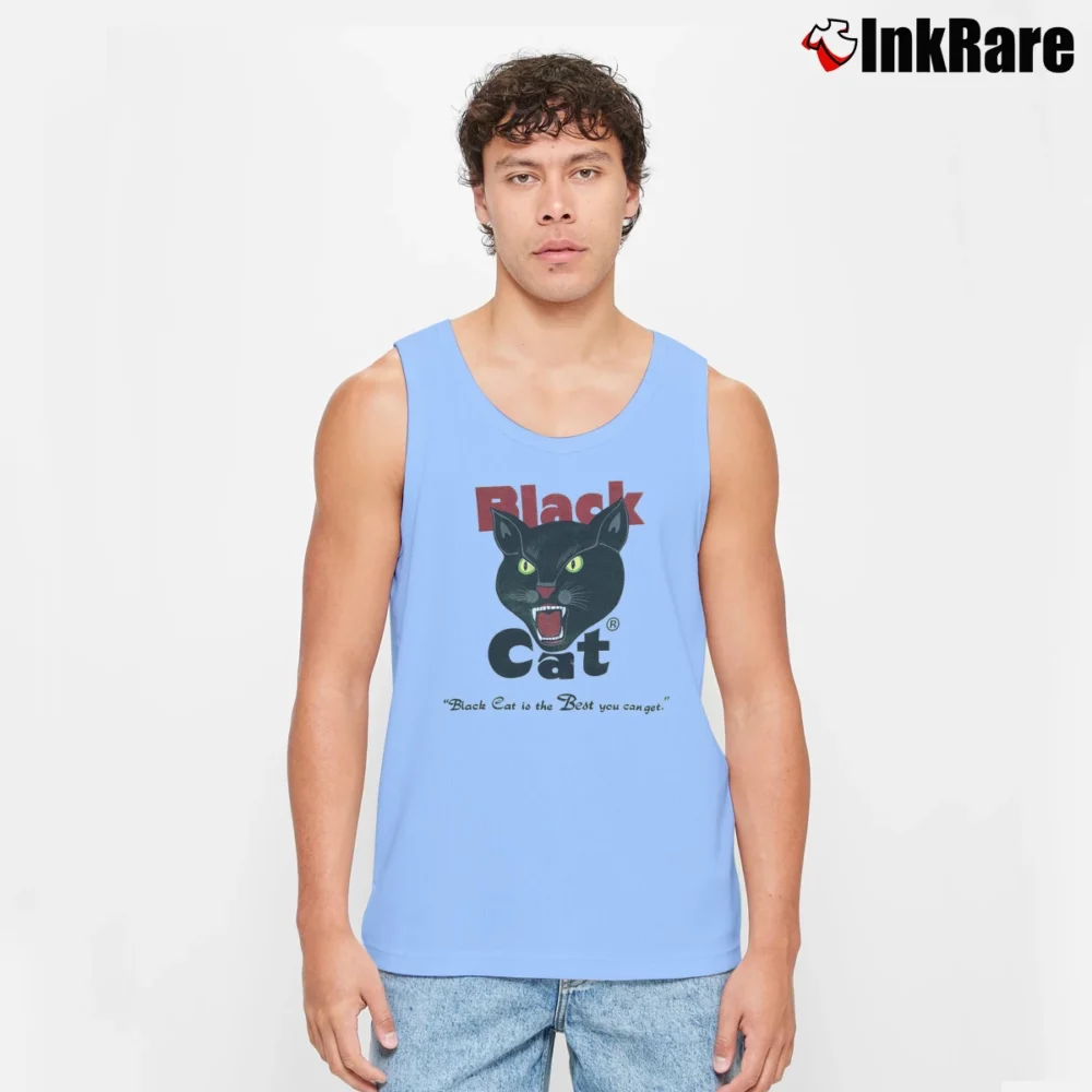 Men’s Black Cat Fireworks Vintage Graphic Tank Top in light blue | Breathable, Active-Friendly Design