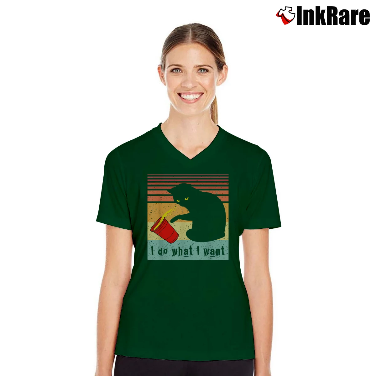Women’s Black Cat I Do What I Want V-Neck Tee in forest green | Chic Neckline, Soft Texture
