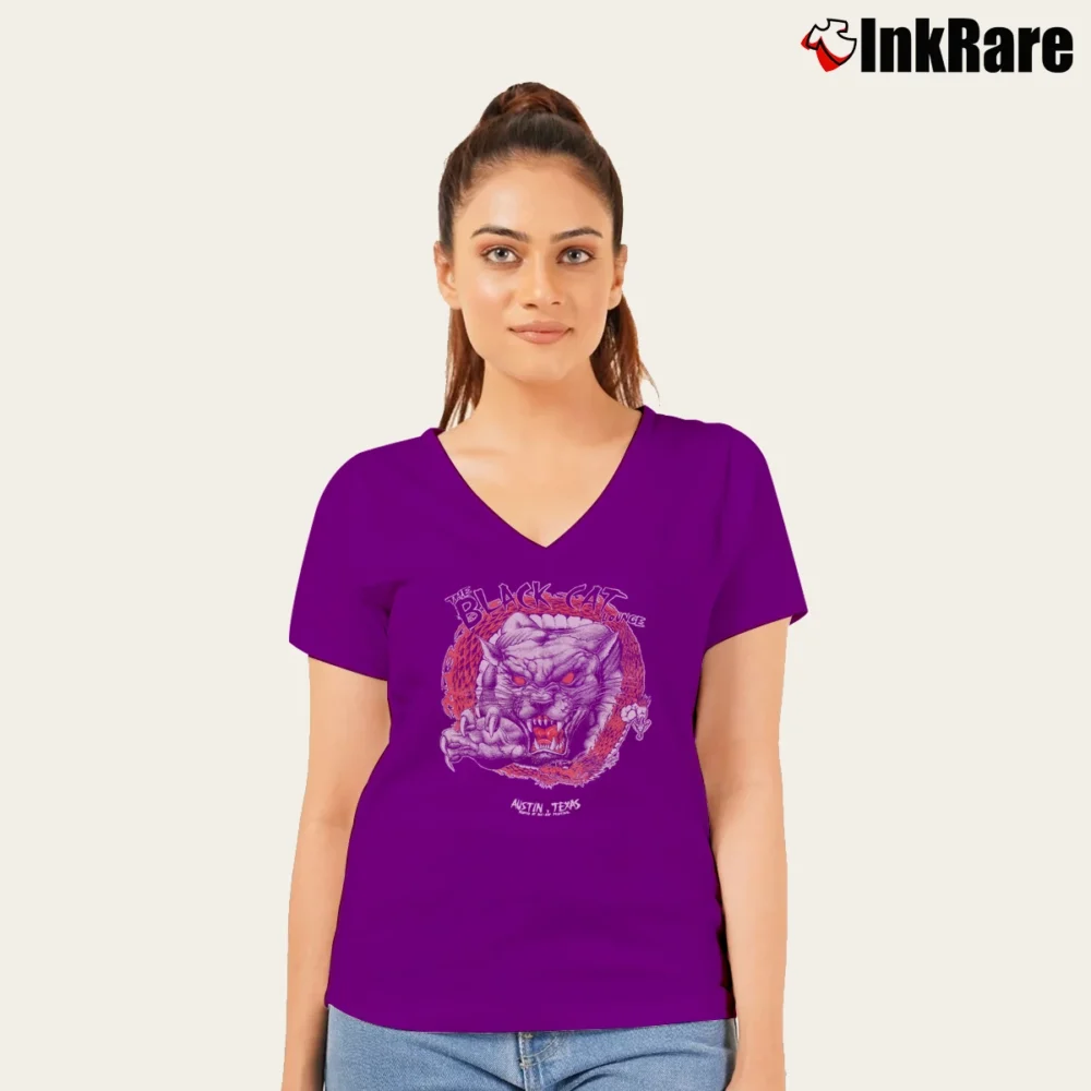 Women’s Black Cat Lounge Custom Graphic Band Style V-Neck Tee in purple | Chic Neckline, Soft Texture