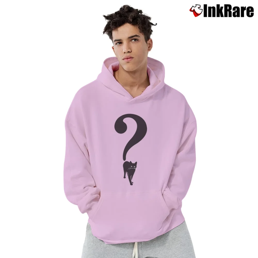 Men’s Black Cat Question Mark Halloween Pullover Hoodie in light pink | Cozy, Durable, Modern Fit