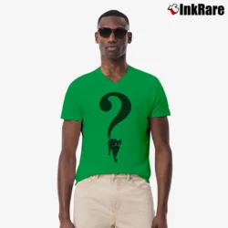 Men’s Black Cat Question Mark Halloween V-Neck Tee in irish green | Sharp, Breathable, Everyday Staple