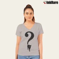 Women’s Black Cat Question Mark Halloween V-Neck Tee in sport grey | Chic Neckline, Soft Texture
