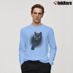 Men’s Black Cat Yellow Eyes Cats Long-Sleeve Shirt in light blue | Sleek, Lightweight, Year-Round Wear