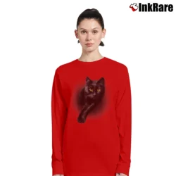 Women’s Black Cat Yellow Eyes Cats Long-Sleeve Top in red | Sleek, Versatile, All-Season
