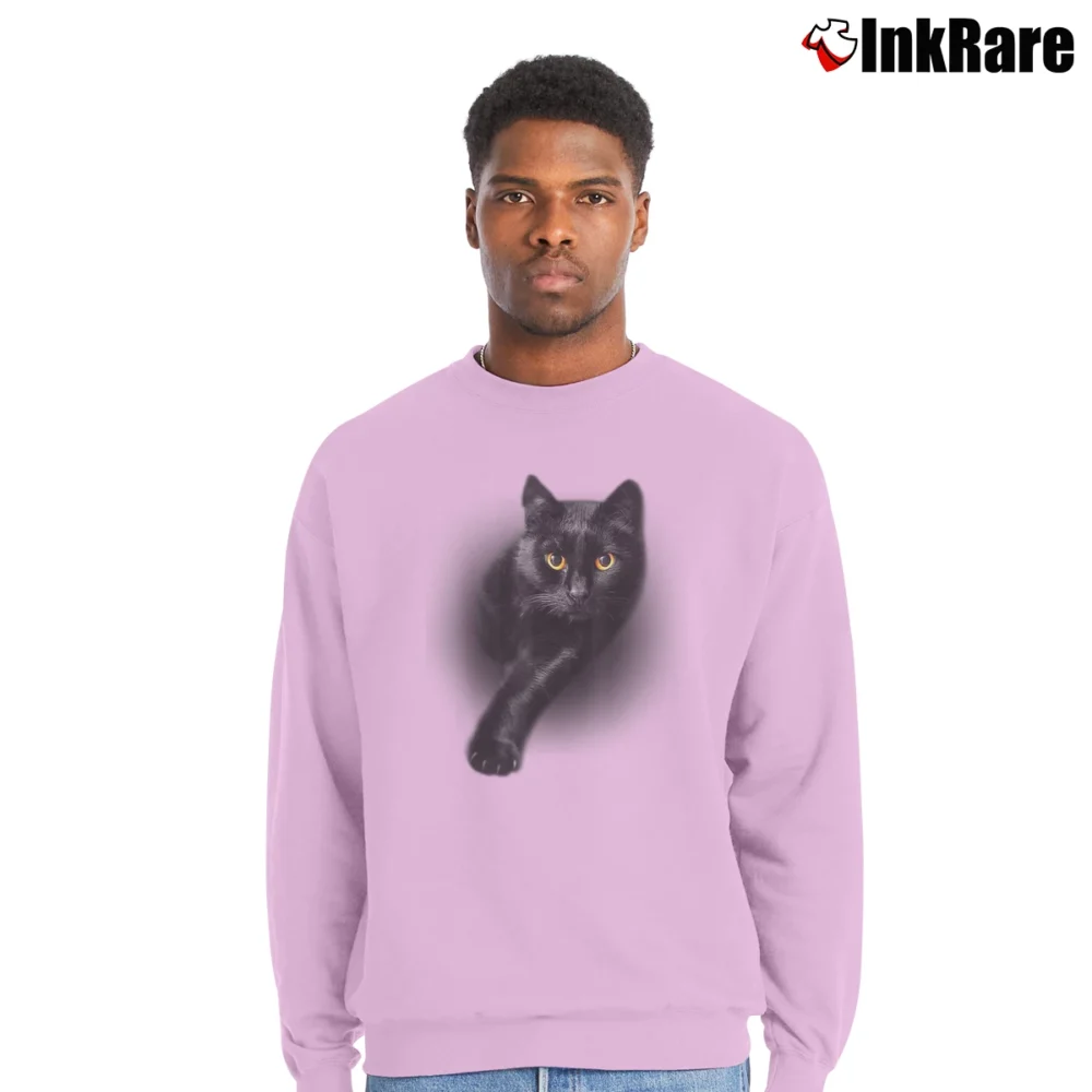 Men’s Black Cat Yellow Eyes Cats Crewneck Sweatshirt in light pink | Cozy Fabric, Clean Style