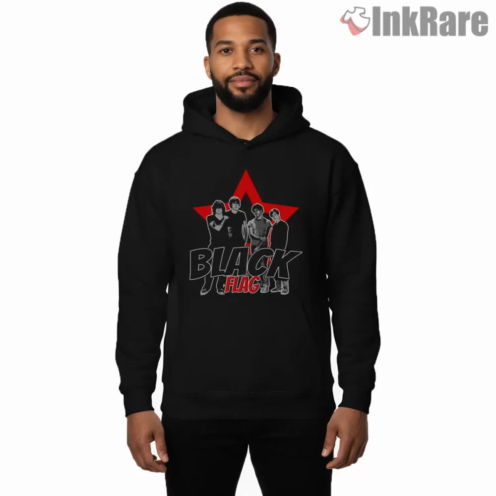 Black Flag Band Portrait Red Star Shirt on black hoodie for men graphic tee
