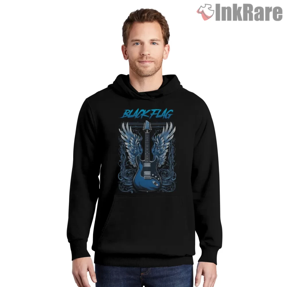Black Flag Blue Winged Guitar Energy Shirt on black hoodie for men graphic tee