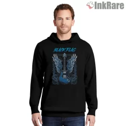 Black Flag Blue Winged Guitar Energy Shirt on black hoodie for men graphic tee