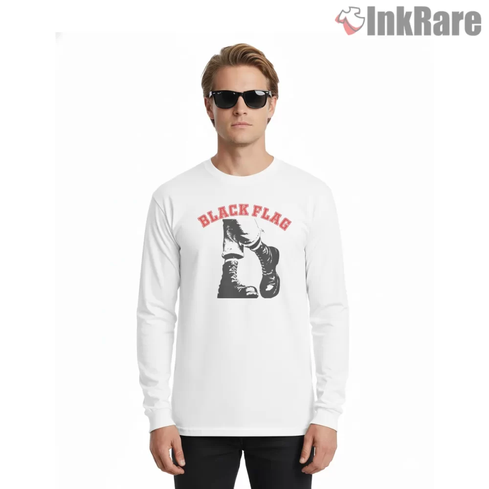 Black Flag Boots Stomp Punk Shirt on white long sleeve shirt for men graphic tee
