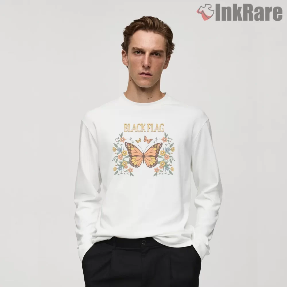 Black Flag Butterfly Floral Vintage Shirt on white long sleeve shirt for men graphic tee