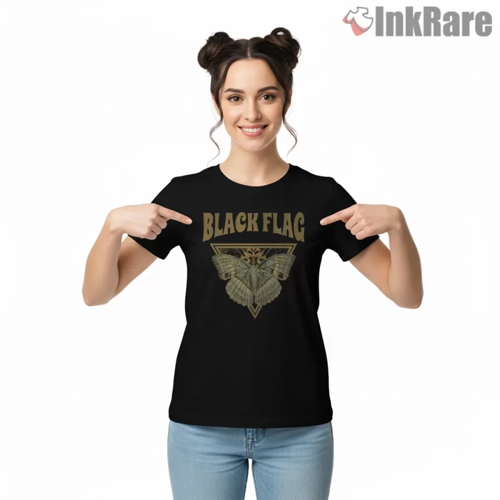Black Flag Butterfly Punk Nature Art Shirt on black short sleeve shirt for women graphic tee