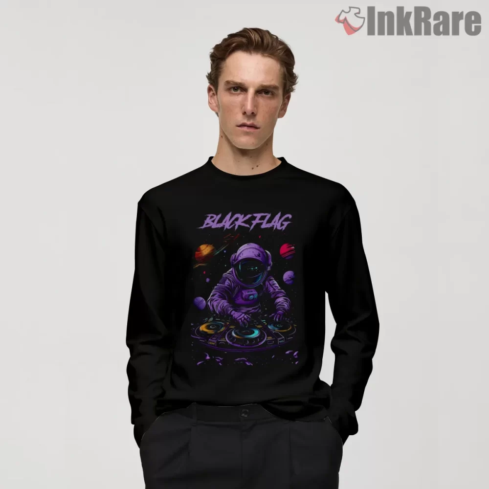 Black Flag Cosmic Dj Space Party Shirt on black long sleeve shirt for men graphic tee