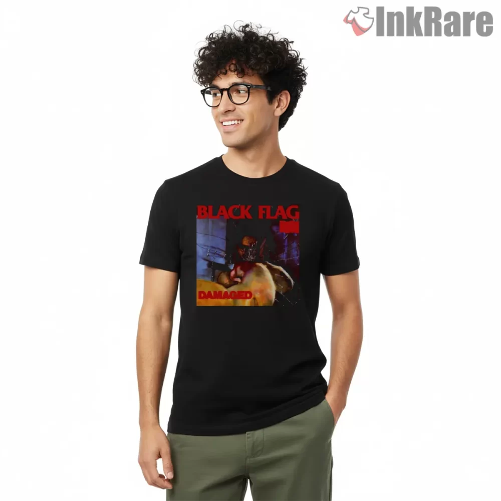 Black Flag Damaged Album Cover Tribute Shirt on black short sleeve shirt for men graphic tee
