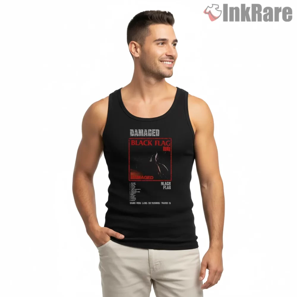 Black Flag Damaged Album Tracklist Shirt on black tank top for men graphic tee