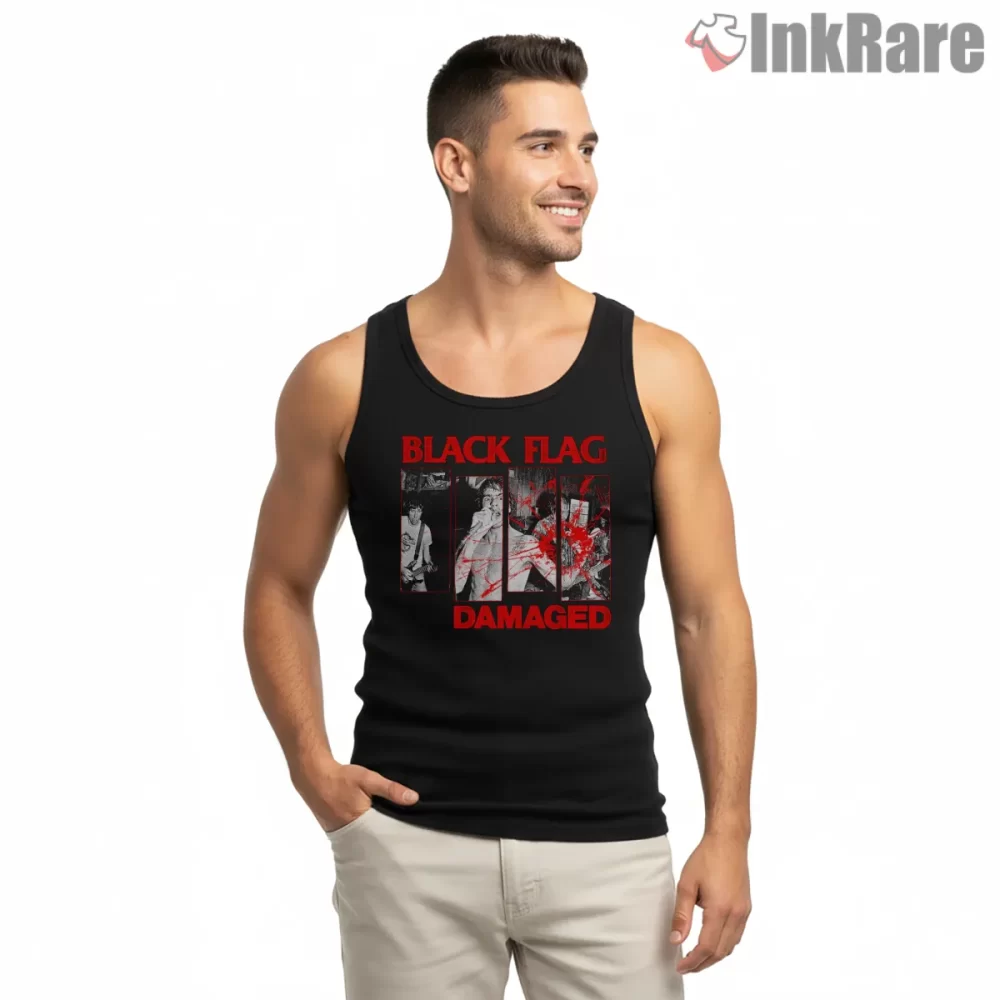 Black Flag Damaged Era Collage Shirt on black tank top for men graphic tee