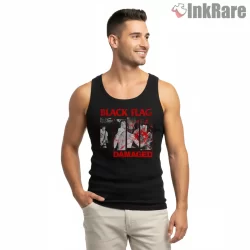 Black Flag Damaged Era Collage Shirt on black tank top for men graphic tee