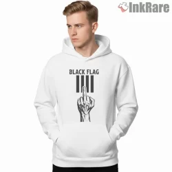 Black Flag Defiant Hand Sign Shirt on white hoodie for men graphic tee