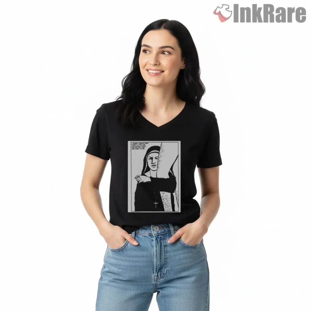 Black Flag Eighties Punk Nun Tribute Shirt on black v-neck shirt for women graphic tee