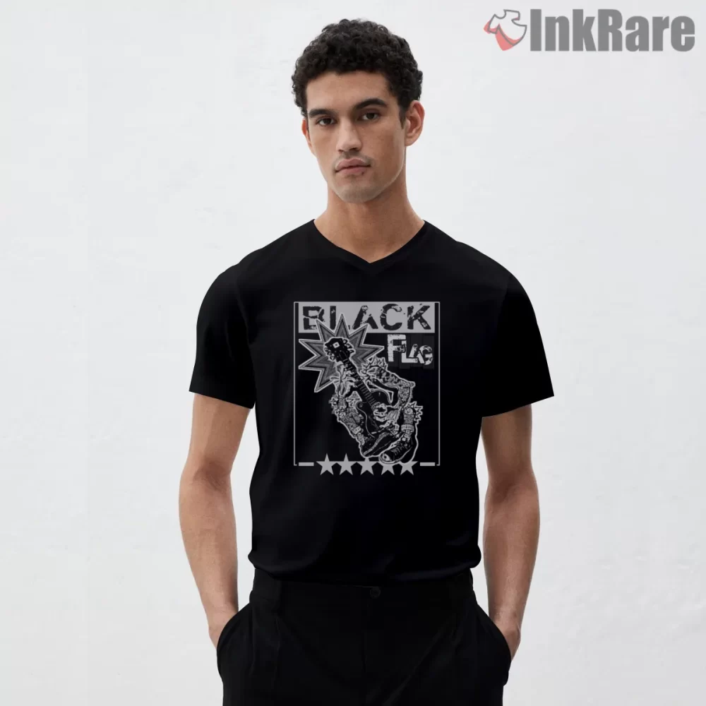 Black Flag Explosive Guitar Art Shirt on black v-neck shirt for men graphic tee