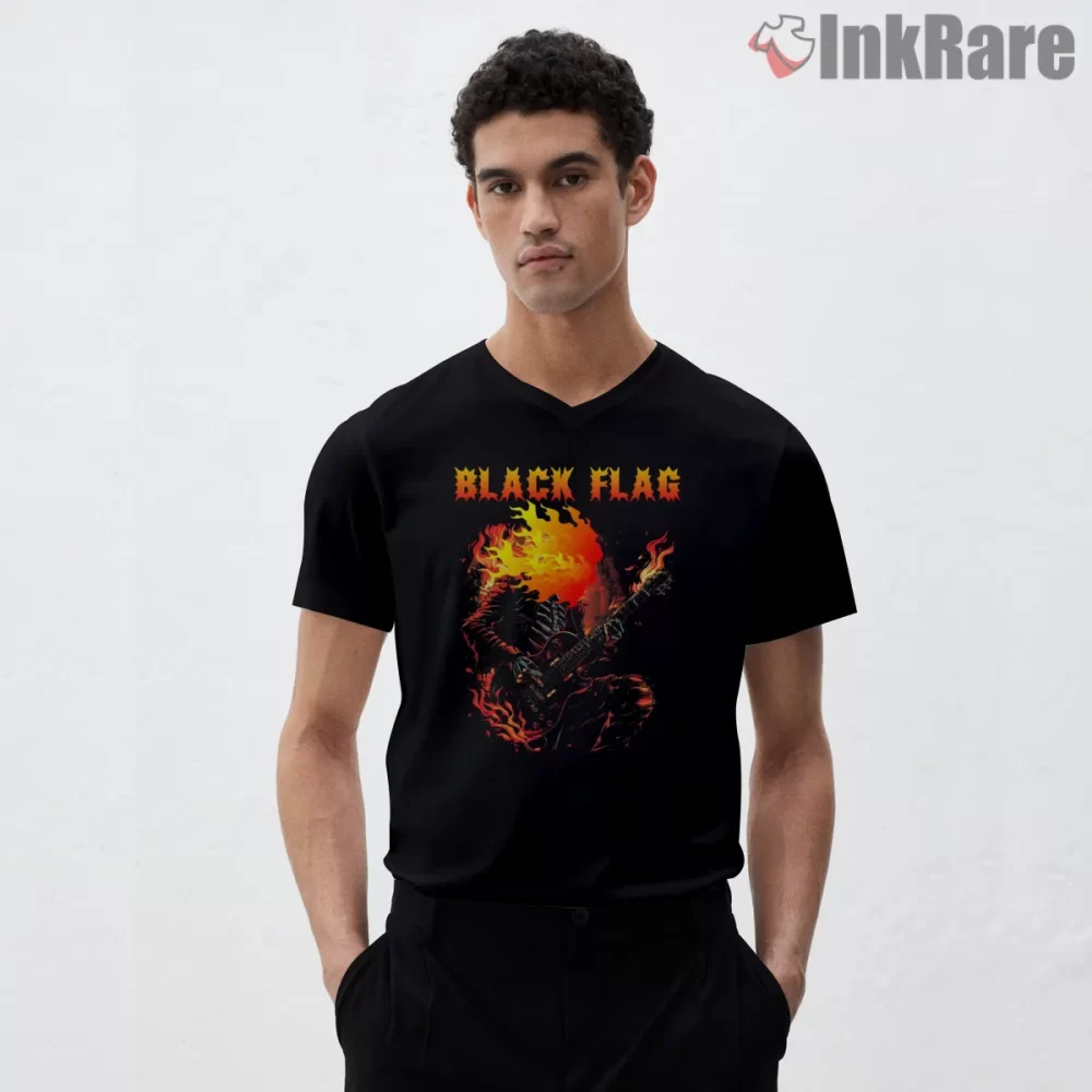 Black Flag Flaming Guitar Punk Show Shirt on black v-neck shirt for men graphic tee