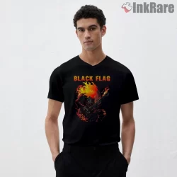 Black Flag Flaming Guitar Punk Show Shirt on black v-neck shirt for men graphic tee