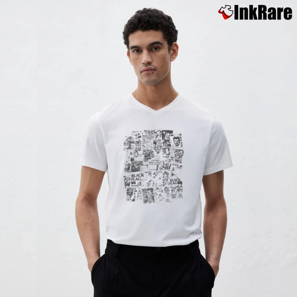 Men’s Black Flag Flyers Punk Rock Band V-Neck Tee in white | Sharp, Breathable, Everyday Staple