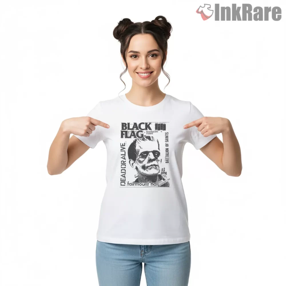 Black Flag Frankenstein Battalion Of Saints Flyer Shirt on white short sleeve shirt for women graphic tee
