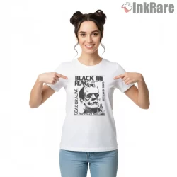 Black Flag Frankenstein Battalion Of Saints Flyer Shirt on white short sleeve shirt for women graphic tee