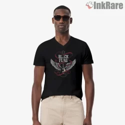 Black Flag Guitar Wings Ribbon Shirt on black v-neck shirt for men graphic tee