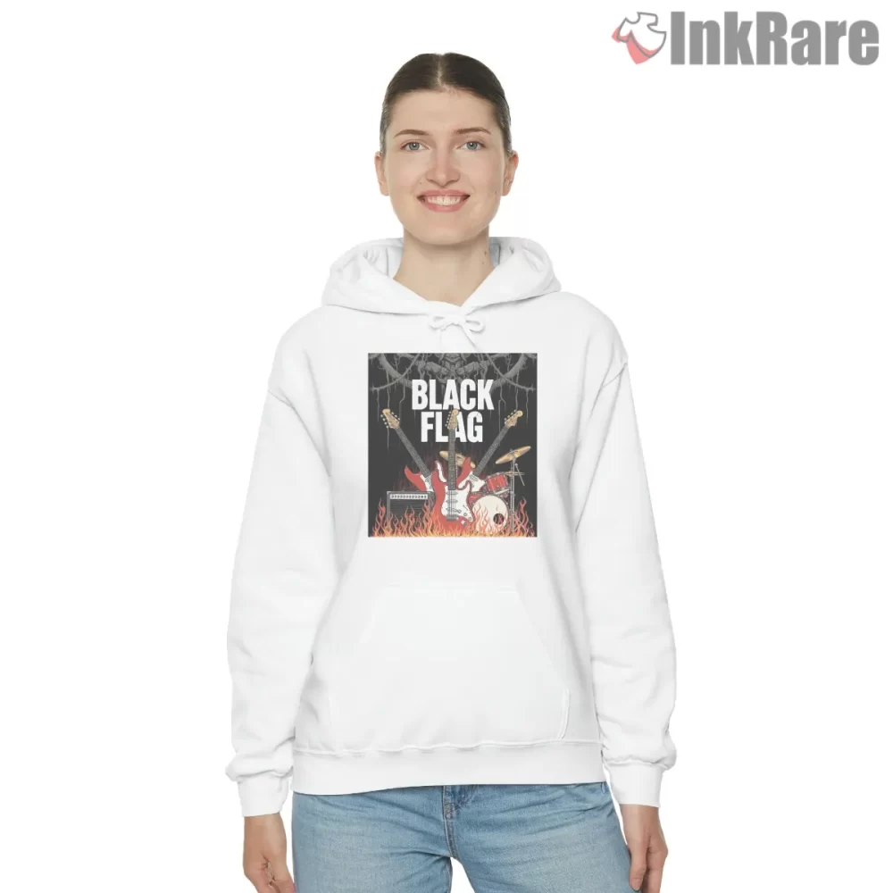 Black Flag Guitars And Flames Rock Art Shirt on white hoodie for women graphic tee