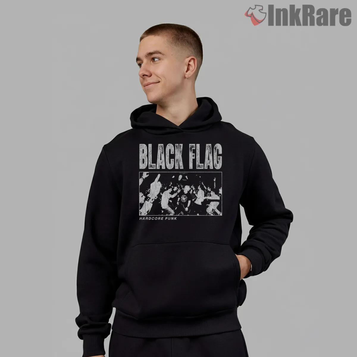 Black Flag Hardcore Punk Crowd Shirt on black hoodie for men graphic tee