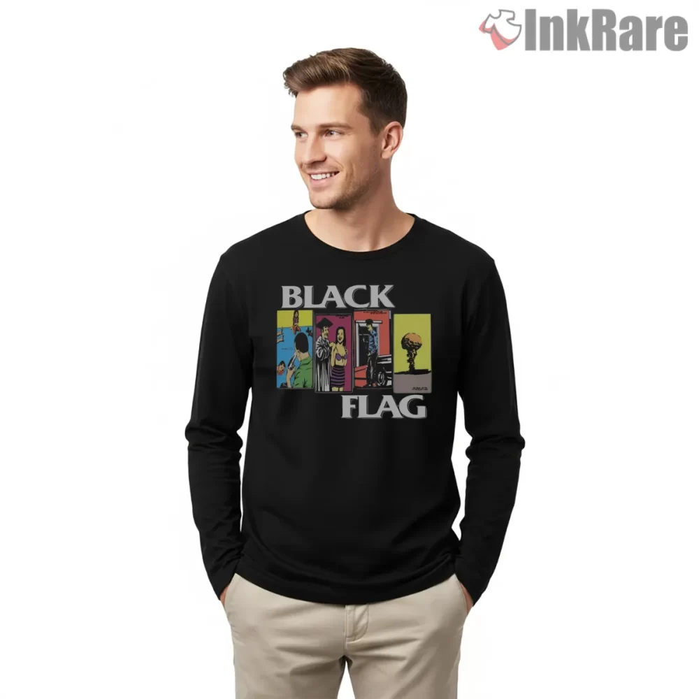 Black Flag Hardcore Roots Comic Panels Shirt on black long sleeve shirt for men graphic tee