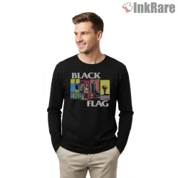 Black Flag Hardcore Roots Comic Panels Shirt on black long sleeve shirt for men graphic tee